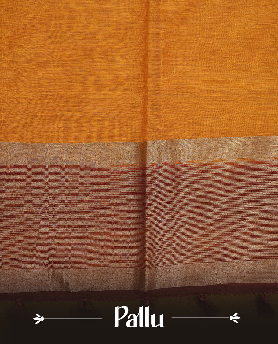 Mustard colour semi linen silk saree featuring antique zari motifs on body, traditional border with contrast Chocolate colour, pallu and paired with matching blouse