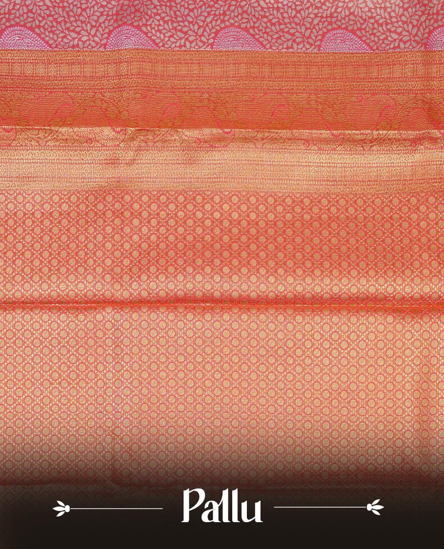 Orange & Gold Double shade Semi Tissue Silk saree featuring Light gold pattern on body, complemented by Contrast Orange with gold zari border, paired with matching blouse piece.