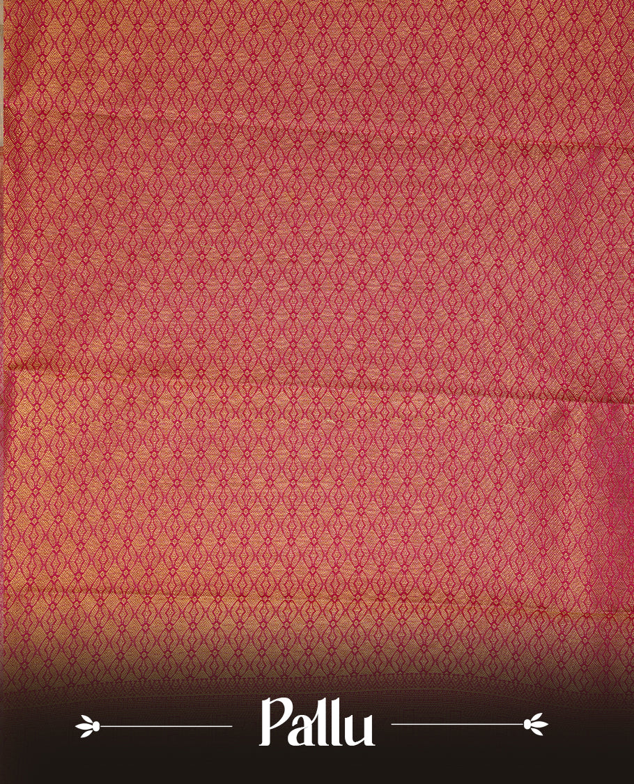 Lemon coloured soft silk saree featuring gold zari stripes and motifs across the body, enhanced with a contrast Magenta border and pallu, paired with a matching contrast blouse piece.