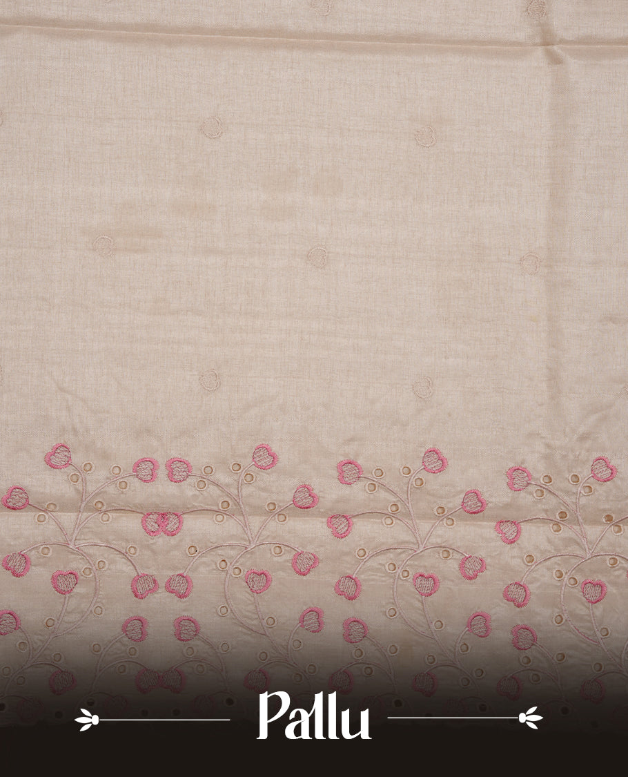 Beige colour Tussar silk saree featuring Elegant plain body, highlighting Mauve colour thread floral kodi worked scalp border, pallu and paired with matching blouse piece.