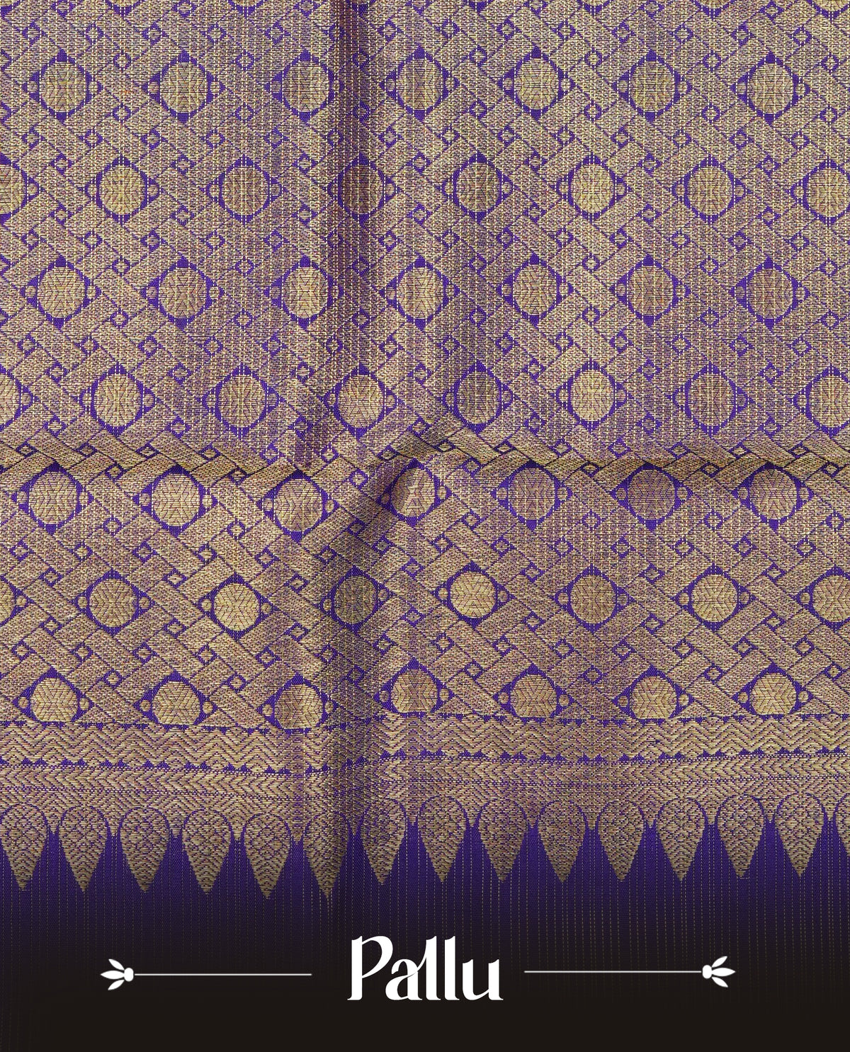 Lemon green colour Traditional Kancheepuram silk saree featuring Gold zari Delicate thin strips on body, complemented by contrast violet colour with traditional border, comes with matching blouse piece.