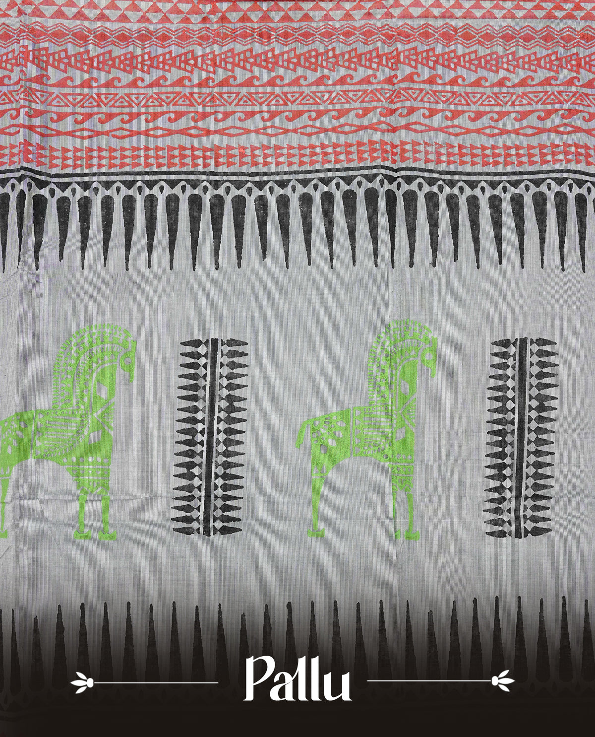 Off-White colour Chettinad Cotton Saree featuring a printed body, beautifully complemented by a contrast grey border with prints, paired with a matching blouse piece