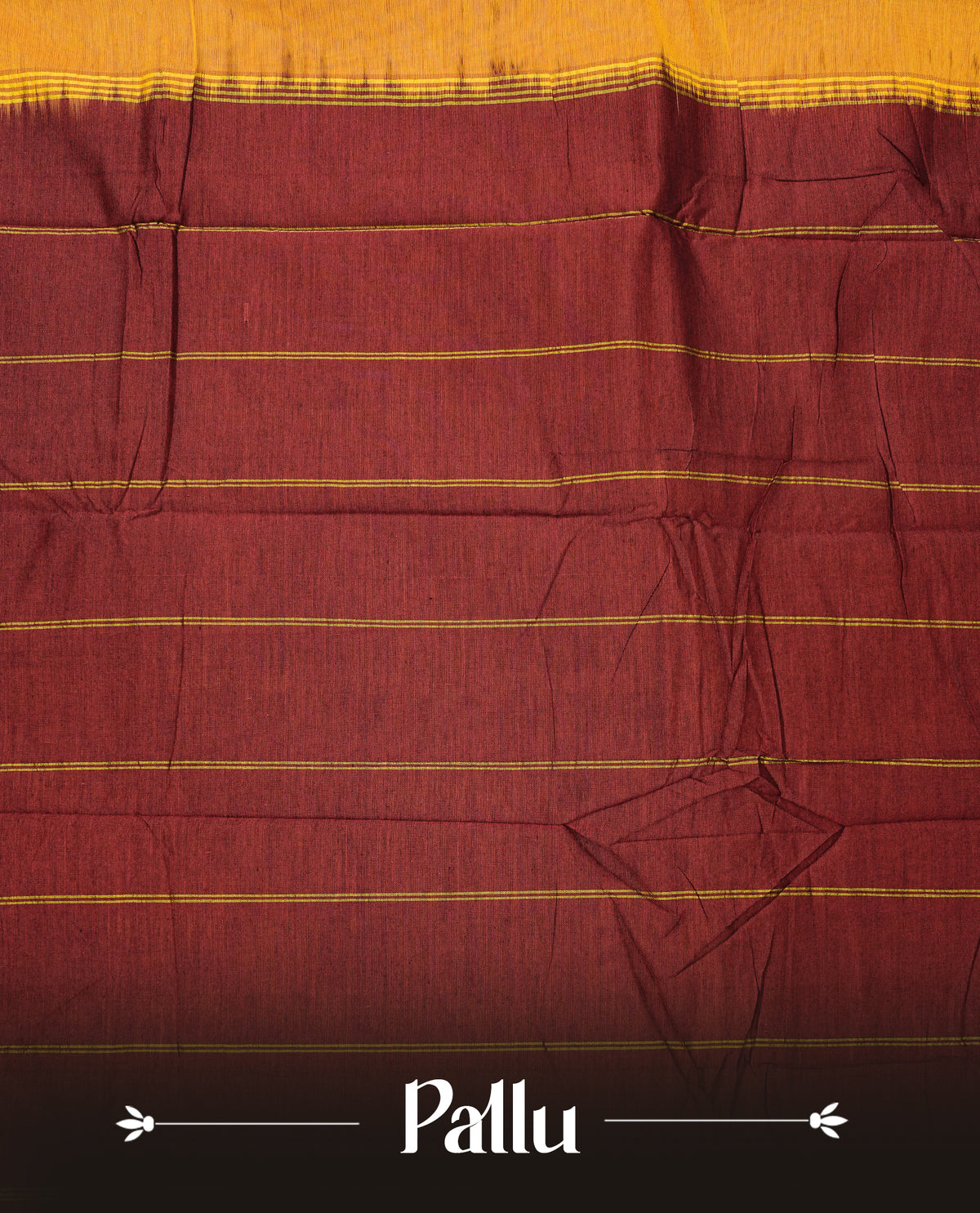 Mustard Yellow colour Narayanapattu cotton saree with a plain body, complemented by a Maroon colour with gold zari border & contrast pallu, paired with a matching blouse piece.