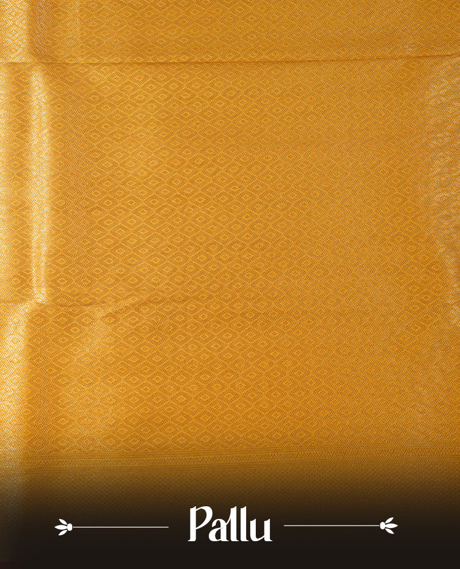 Yellow colour soft silk saree featuring gold zari pattern on body, complemented by self colour with traditional border, paired with matching blouse piece.