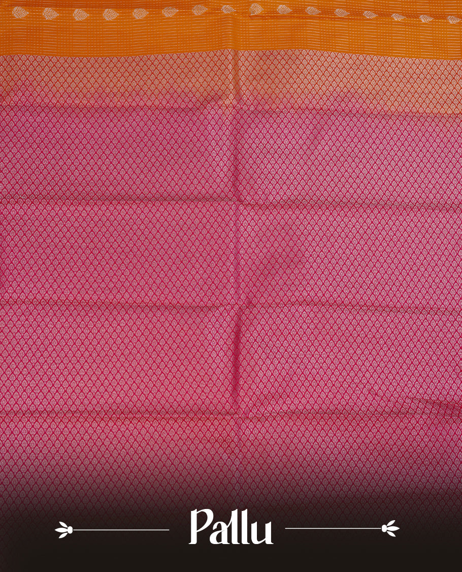 Mustrad coloured soft silk saree featuring silver zari stripes and motifs across the body, enhanced with a contrast Magenta border and pallu, paired with a matching contrast blouse piece.