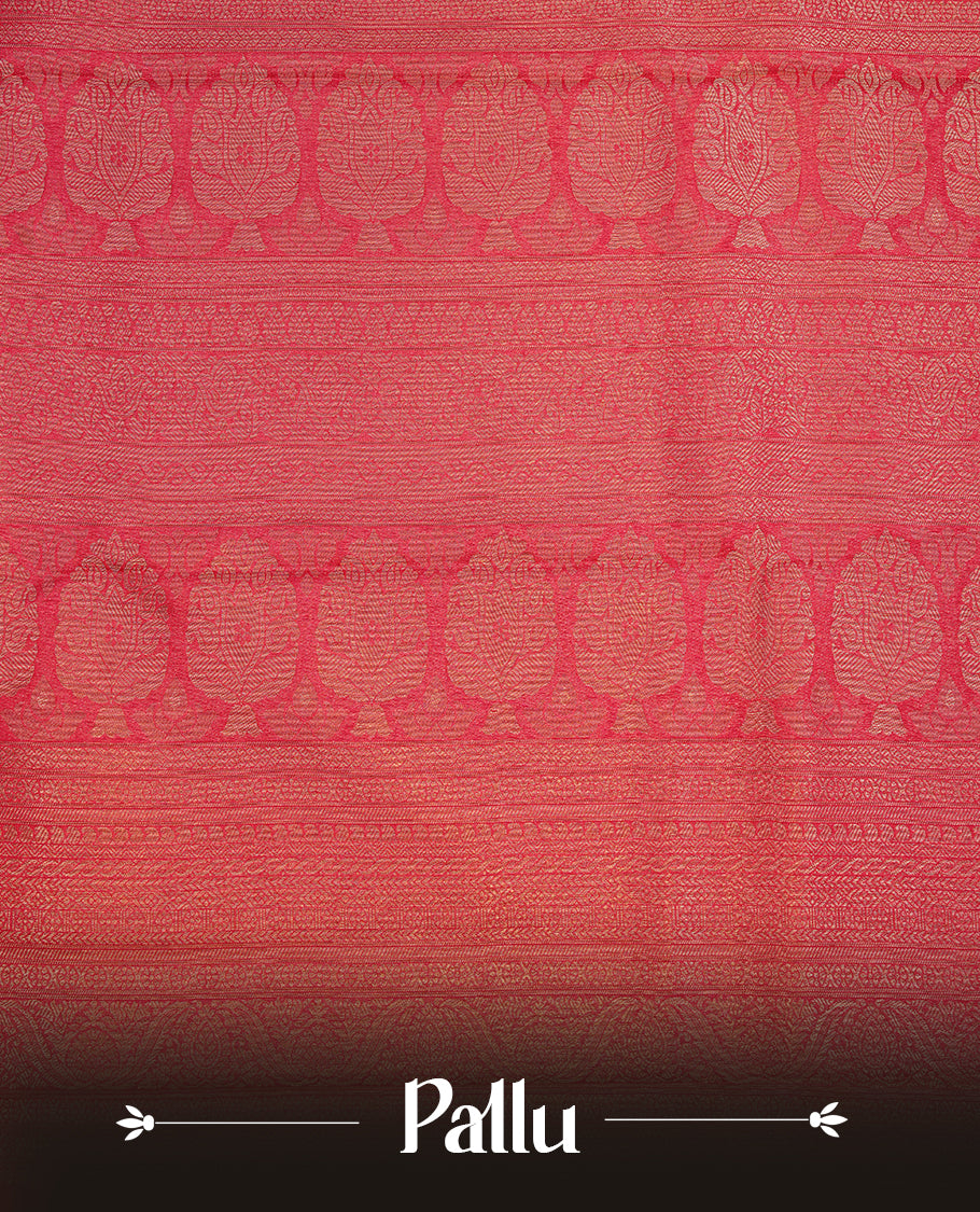 Magenta colour soft silk saree featuring gold zari pattern on body, complemented by self colour with traditional border, paired with matching blouse piece.