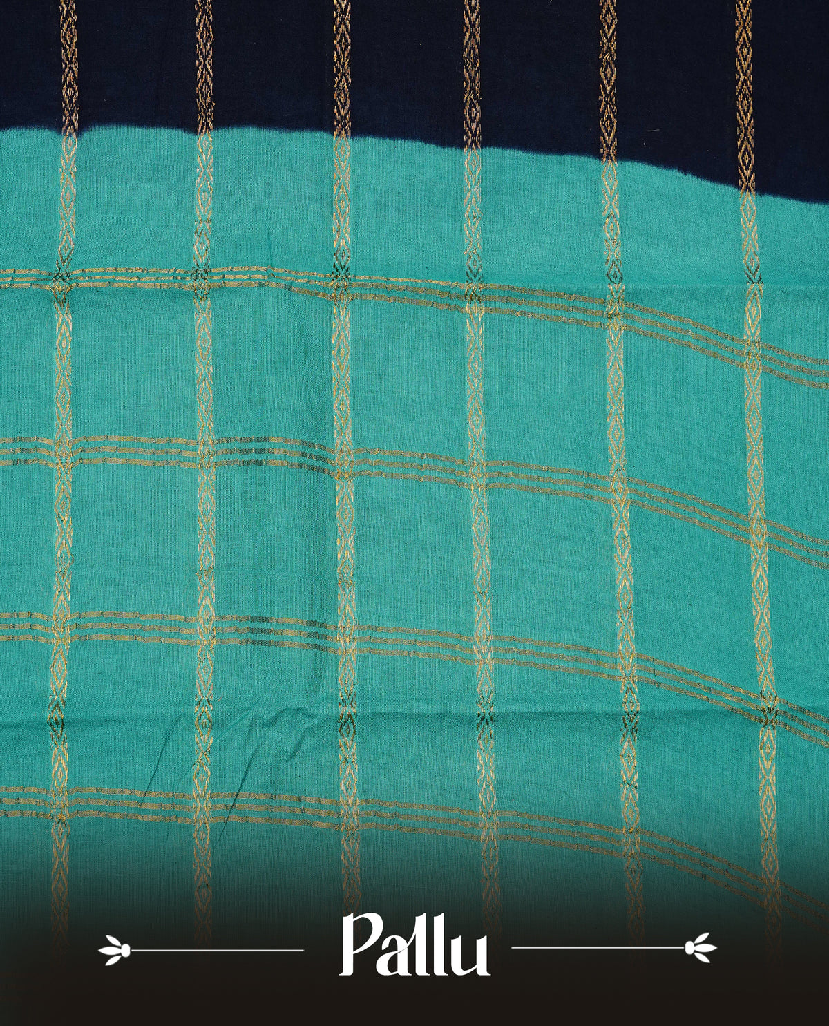 Navy blue colour colour Sungudi cotton saree featuring elegant gold zari stripes on the body, complemented by a contrast teal with gold zari border and pallu, paired with a matching blouse piece