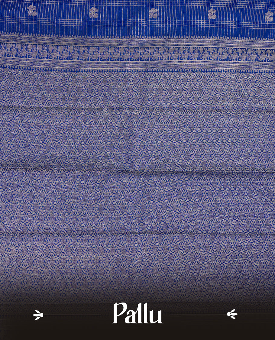 Blue coloured soft silk saree featuring Rose gold zari stripes and motifs across the body, enhanced with a Self colour with traditional border and pallu, paired with a matching blouse piece
