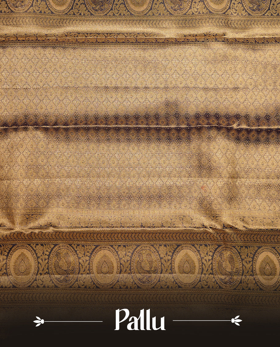 Gold & aqua double shade kancheepuram tissue silk saree featuring gold zari floral kodi pattern on body, complemented by contrast indigo colour with traditional border, paired with matching blouse piece.