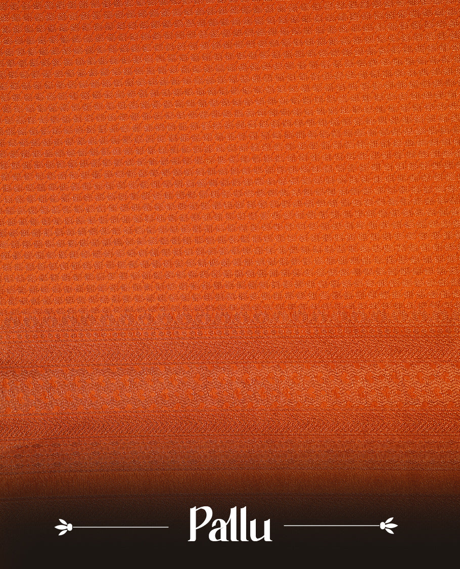 Orange colour softie silk saree featuring square dotted stripes across body, complemented by self colour with traditional border, paired with matching blouse piece.