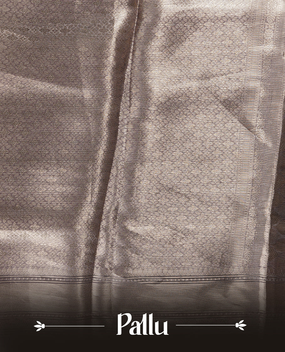 Lavender & silver double shade pure banaras tissue silk saree featuring silver zari pattern & stripes on body, complemented by silver zari traditional border, paired with matching blouse piece.