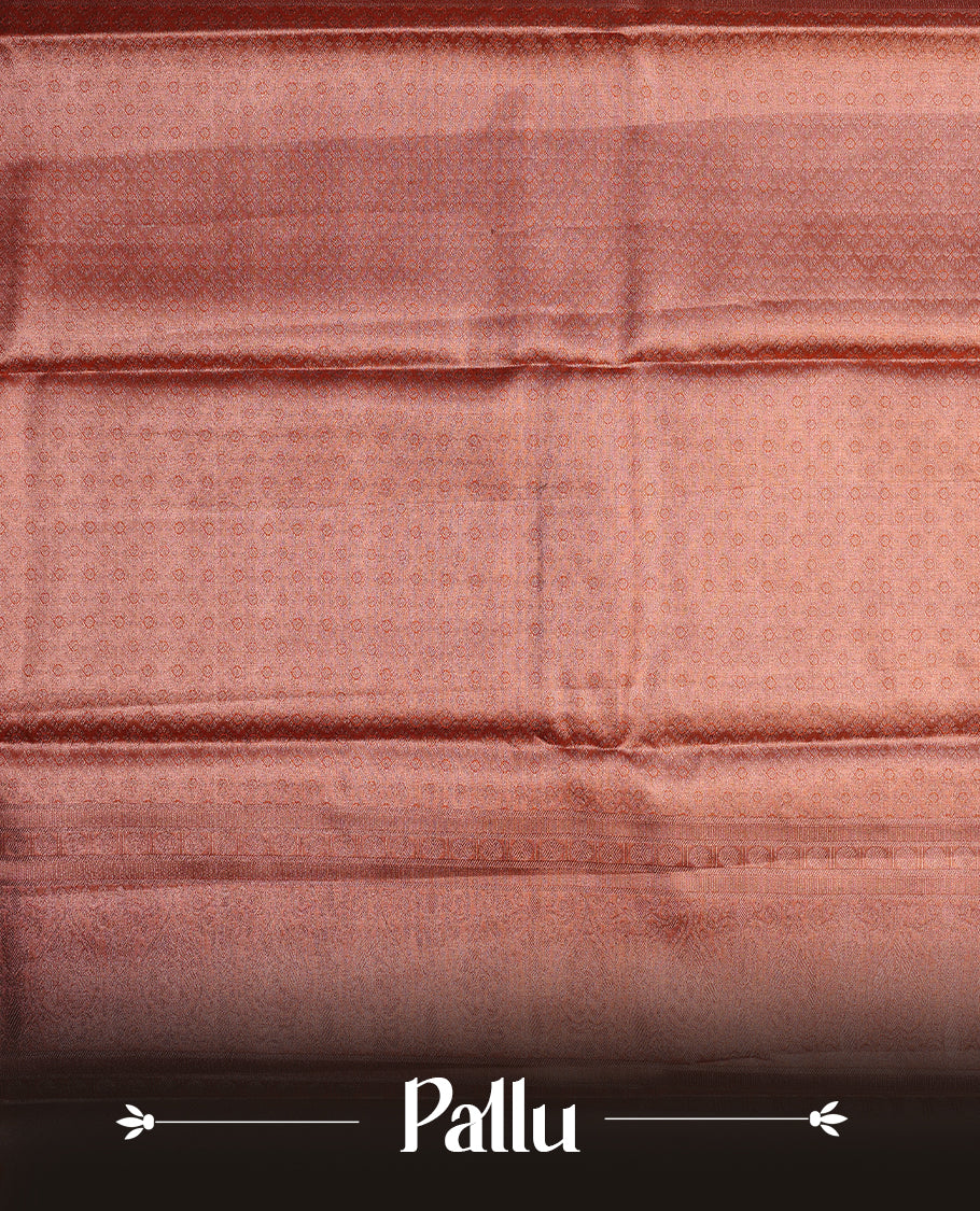 Copper colour semi tissue silk saree featuring copper zari pattern on body, contrast Purple colour with gold zari traditional border, paired with matching blouse piece.