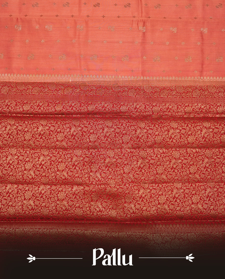 Coral colour Pure banaras soft silk saree featuring Antique zari motifs on body, contrast Deep red colour border , traditional pallu and paired with matching blouse