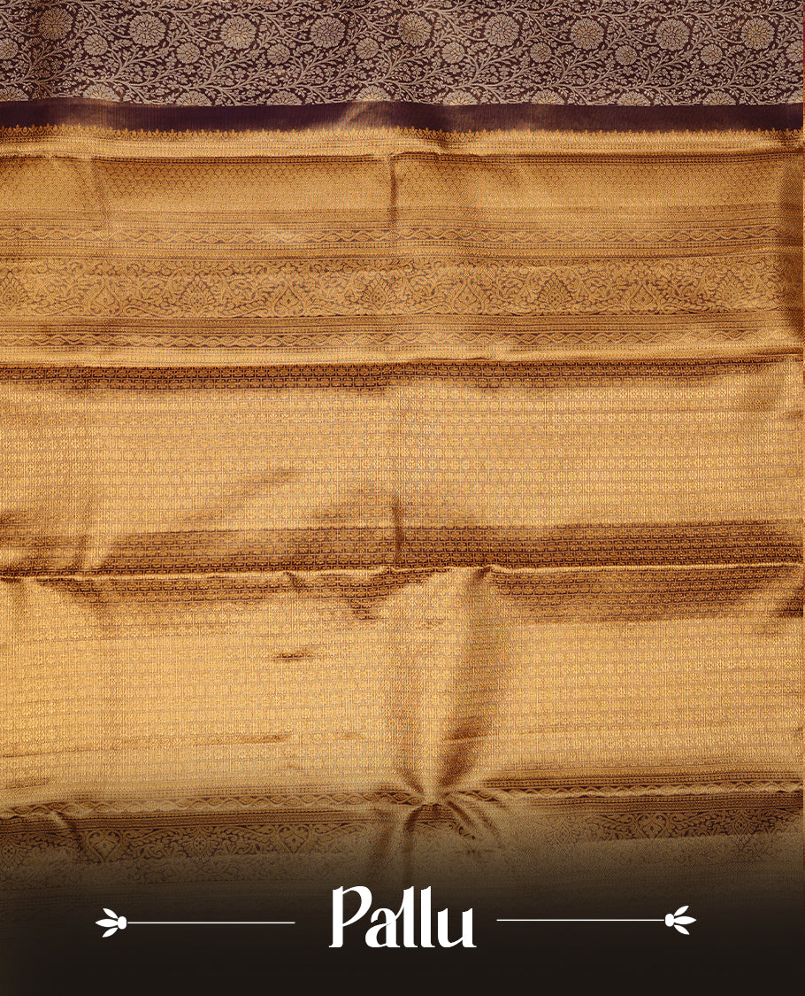 Gold colour kancheepuram tissue silk saree featuring gold zari pattern across body, complemented by contrast purple colour border traditional zari border, paired with matching blouse piece.