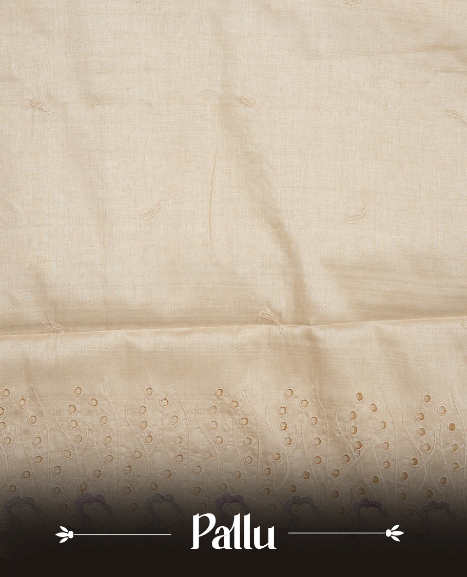 Beige colour Tussar silk saree featuring Elegant plain body, highlighting Lavender colour thread worked scalp border, pallu and paired with matching blouse piece.