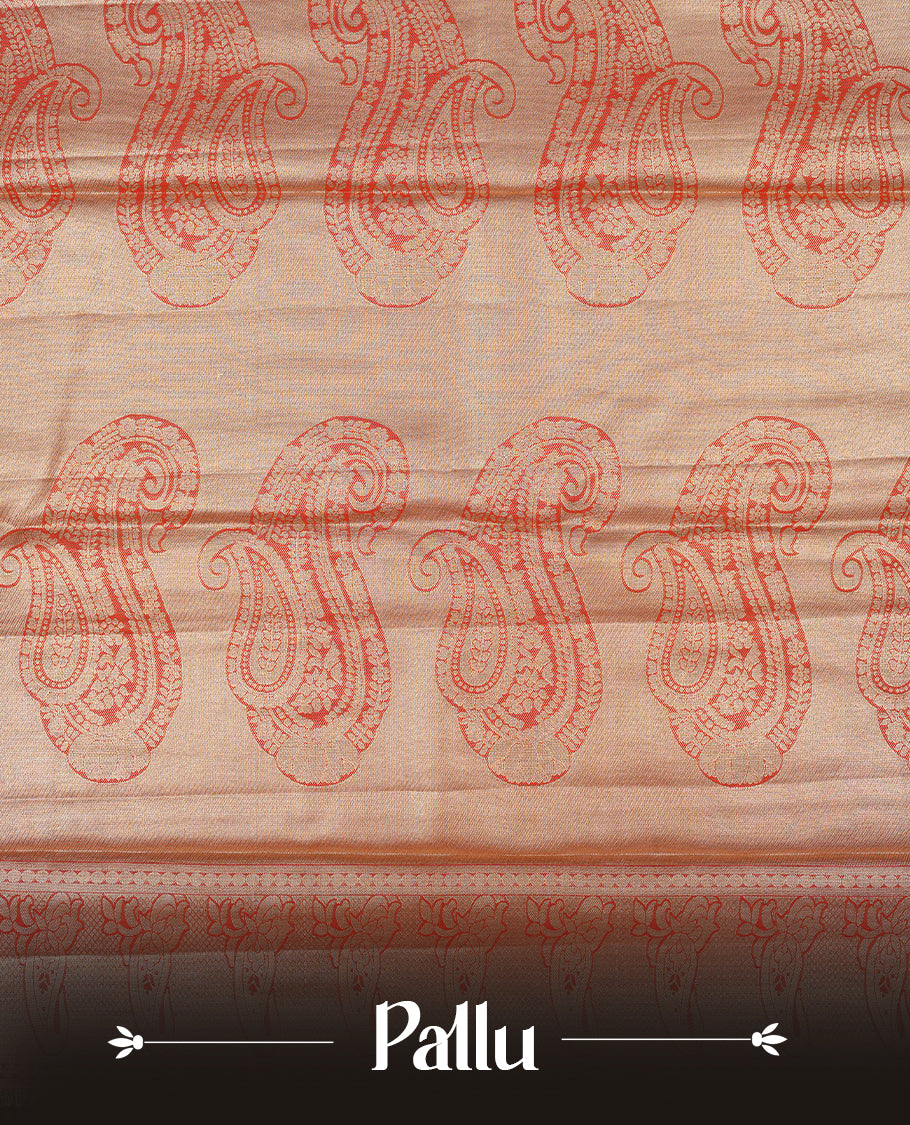 Lavender & gold double shade colour semi tissue silk saree featuring gold zari floral kodi pattern on body, contrast Maroon colour with gold zari traditional border, paired with matching blouse piece.