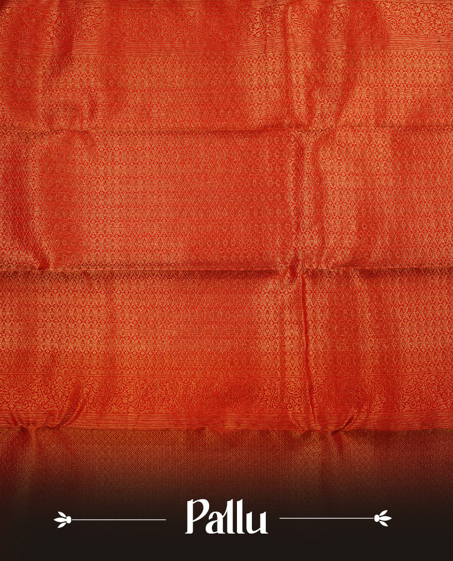 Red colour kancheepuram silk sareee featuring gold zari floral kodi pattern on body, complemented by self colour with traditional border, paired with matching blouse piece.