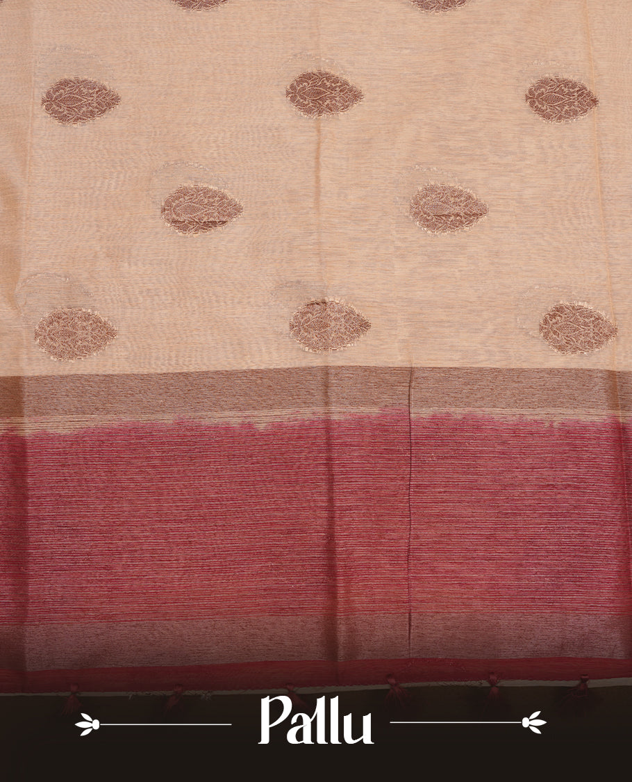 Cream colour semi linen silk saree featuring antique zari motifs on body, traditional border with contrast Deep red colour, pallu and paired with matching blouse