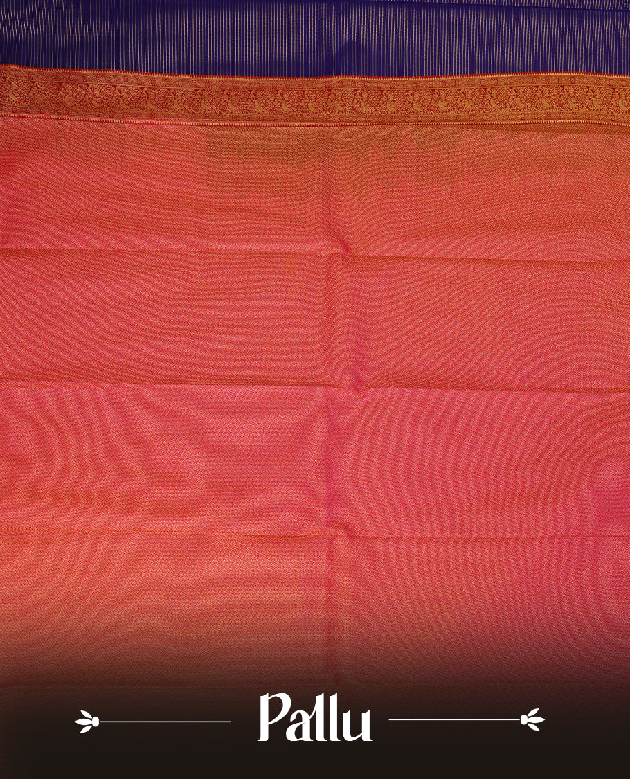 Navy blue coloured soft silk saree featuring gold zari stripes and motifs across the body, enhanced with a contrast Magenta border and pallu, paired with a matching contrast blouse piece.