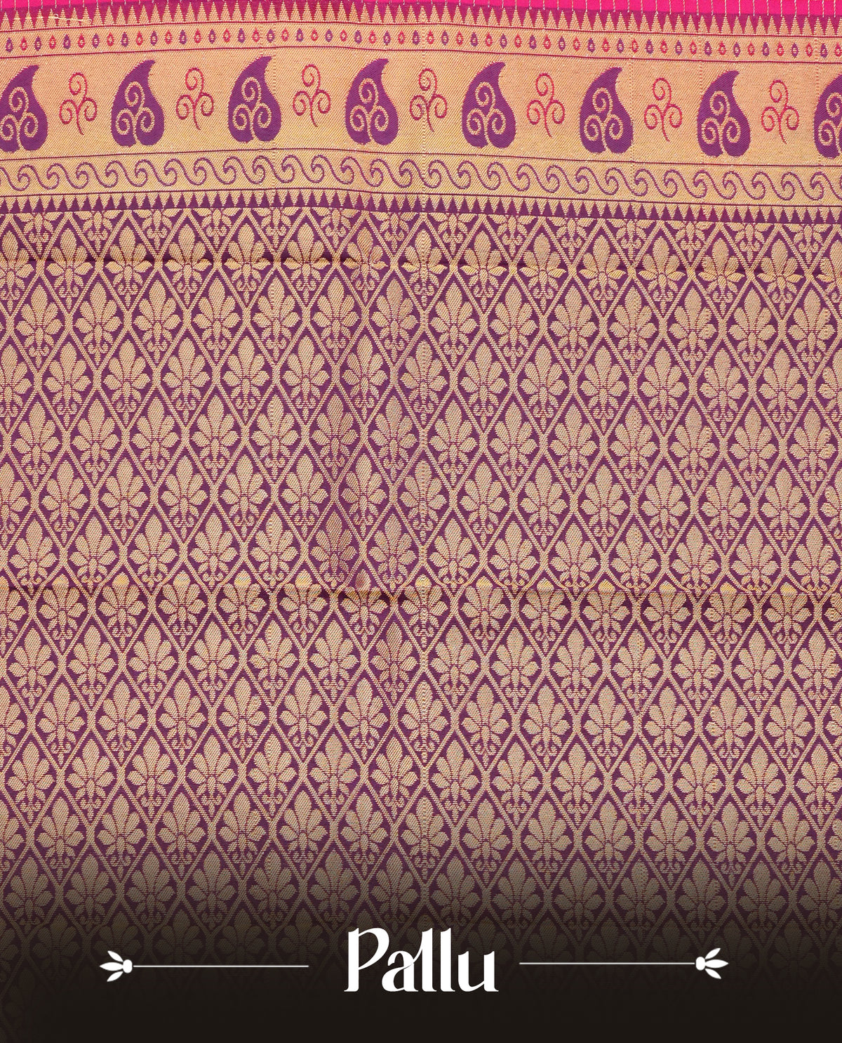 Dark magenta colour soft silk saree featuring gold zari checks with floral mottifs on body, contrast purple colour gold zari traditional border, grand pallu comes with matching blouse piece.