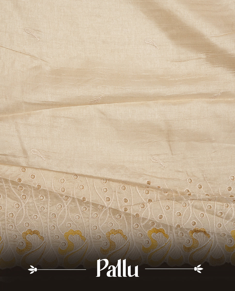 Beige colour Tussar silk saree featuring Elegant plain body, highlighting Yellow colour thread worked scalp border, pallu and paired with matching blouse piece.