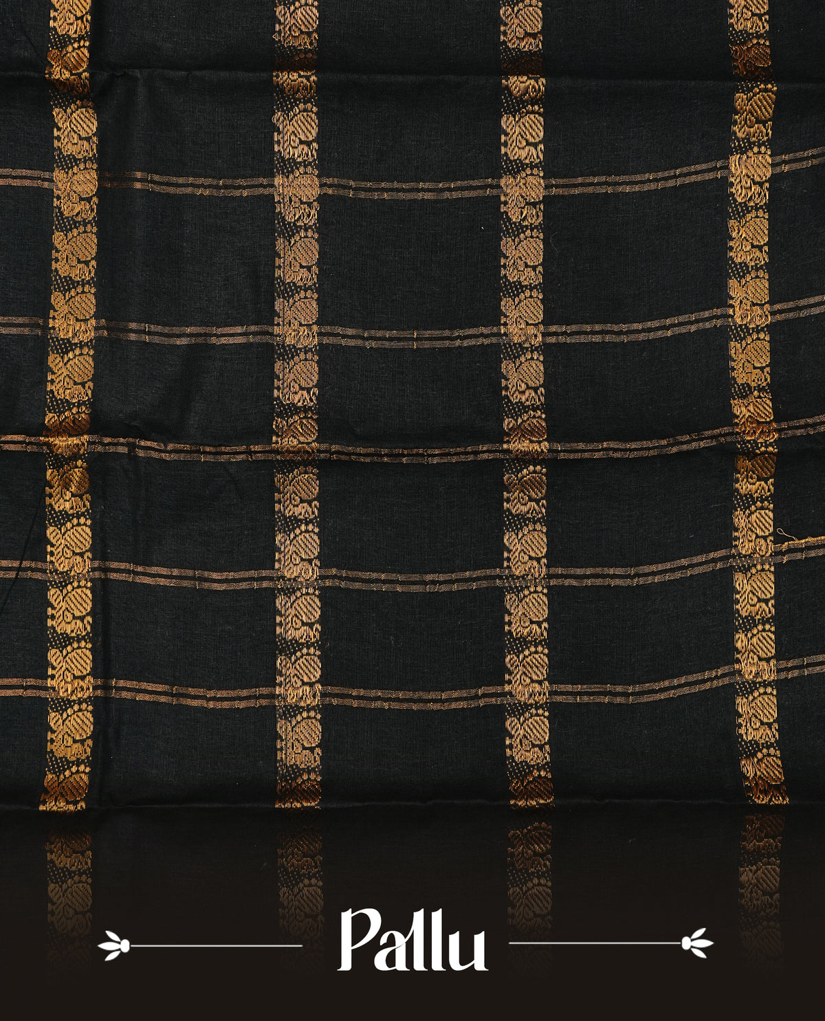 Black Colour Sungudi Cotton Saree with peacock gold zari stripes on the body, a matching gold zari border, and a striped gold zari pallu. Paired with a contrast coffee brown blouse featuring gold zari work.