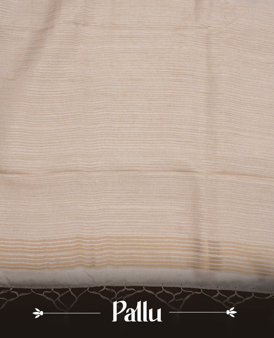 Beige colour Tussar silk saree featuring Elegant plain body, highlighting Lavender colour floral cut work with Light gold zari border, pallu and paired with matching blouse piece.