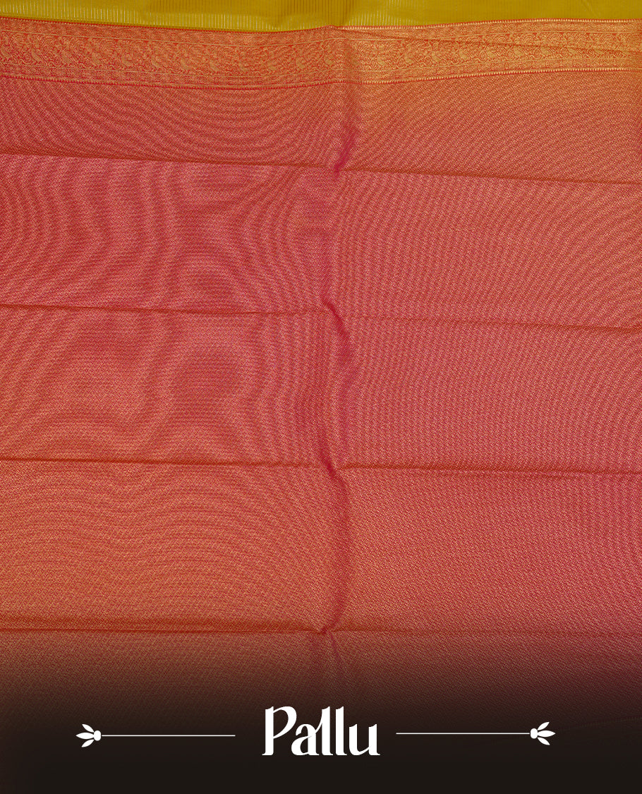 Old gold coloured soft silk saree featuring gold zari stripes and motifs across the body, enhanced with a contrast Magenta border and pallu, paired with a matching contrast blouse piece.