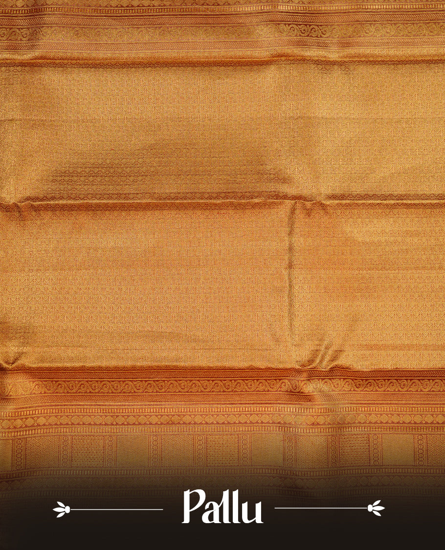 Gold & red double shade colour kancheepuram tissue silk saree featuring gold zari floral kodi pattern on body, complemented by contrast red colour with traditional border, paired with matching blouse piece.