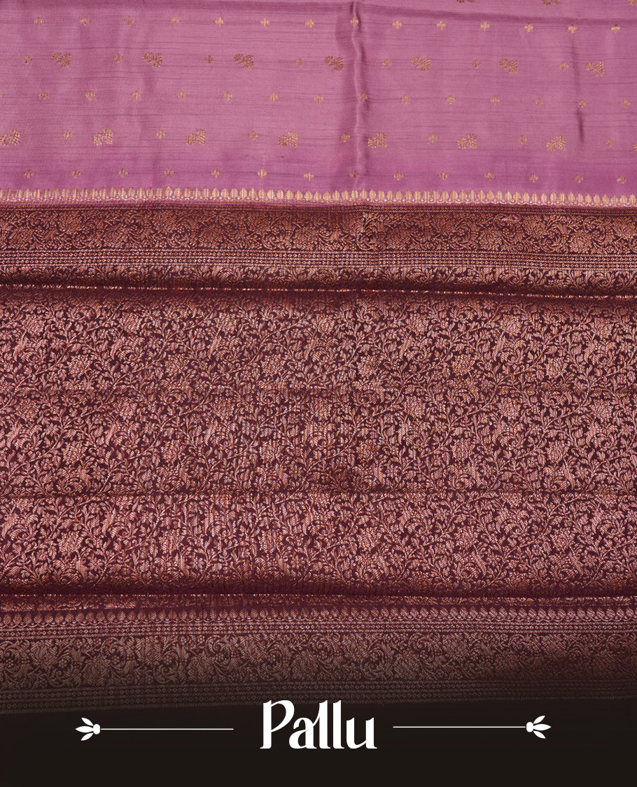 Deep lavender colour Pure banaras soft silk saree featuring Antique zari motifs on body, contrast Blackberry colour border , traditional pallu and paired with matching blouse
