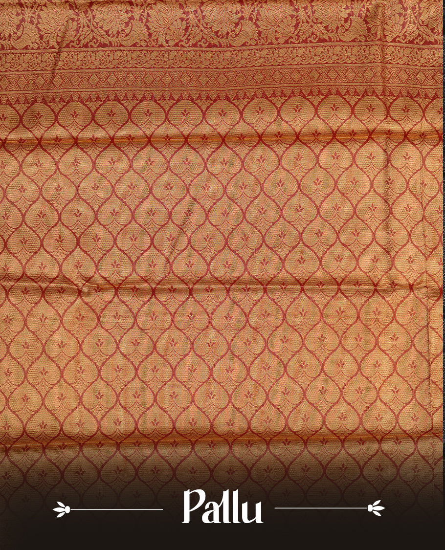 Green & gold double shade colour semi tissue silk saree featuring gold zari floral kodi pattern on body, contrast Maroon colour with gold zari traditional border, paired with matching blouse piece.