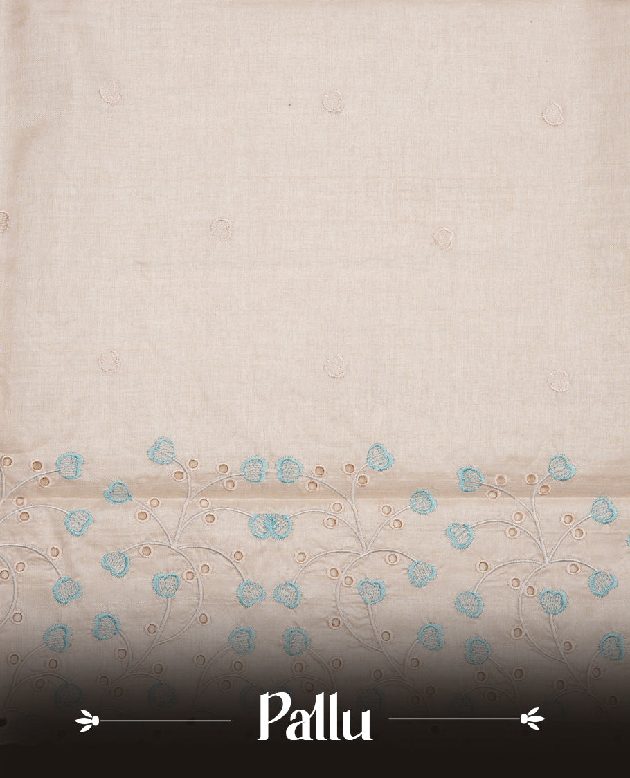 Beige colour Tussar silk saree featuring Elegant plain body, highlighting Blue colour thread floral kodi worked scalp border, pallu and paired with matching blouse piece.