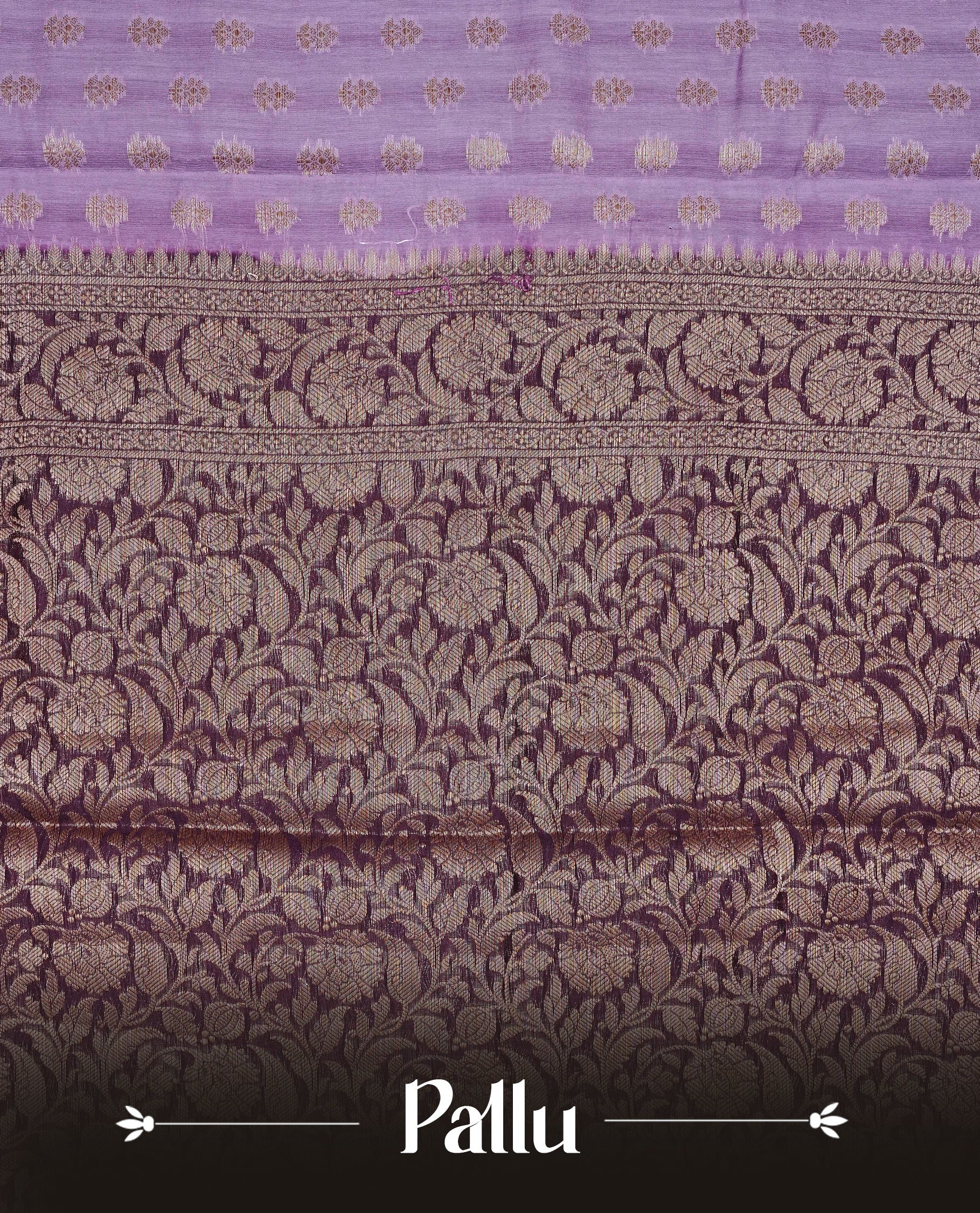 Lavender Colour Tussar Silk saree with antique zari butta motifs On body, a Maroon floral zari border, a rich zari pallu, and Paired With a matching blouse piece.