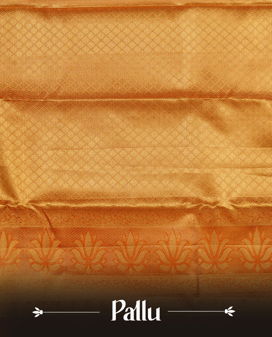 Gold & mustard double shade colour kancheepuram tissue silk saree featuring gold zari floral kodi pattern on body, complemented by contrast mustard colour with traditional border, paired with matching blouse piece.