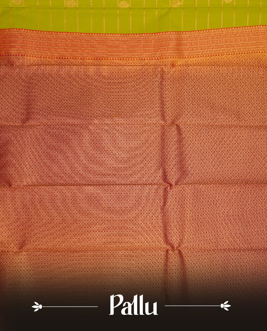Lemon coloured soft silk saree featuring gold zari stripes and motifs across the body, enhanced with a contrast Maroon border and pallu, paired with a matching contrast blouse piece.