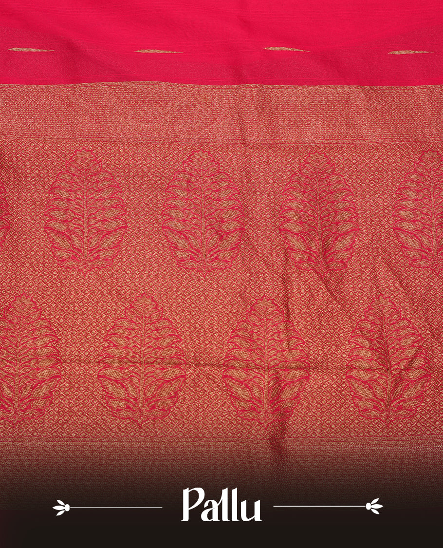 Deep Meganta colour semi banaras tussar georgette saree featuring antique gold zari motifs on body, temple pattern on border and floral pattern on pallu, paired with matching blouse piece.