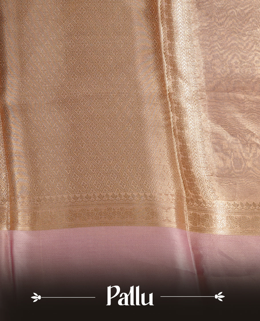 Pink & gold double shade pure banaras tissue silk saree featuring elegant plain body, complemented by contrast pastel pink colour gold zari border, paired with matching blouse piece.
