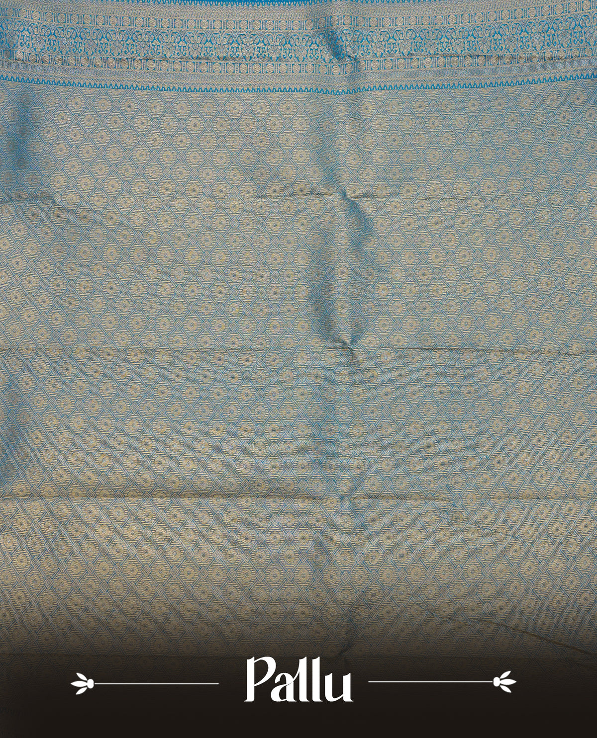 Teal blue colour soft silk saree featuring gold zari buttas on body, contrast self colour gold zari traditonal border, grand pallu comes with matching blouse piece.