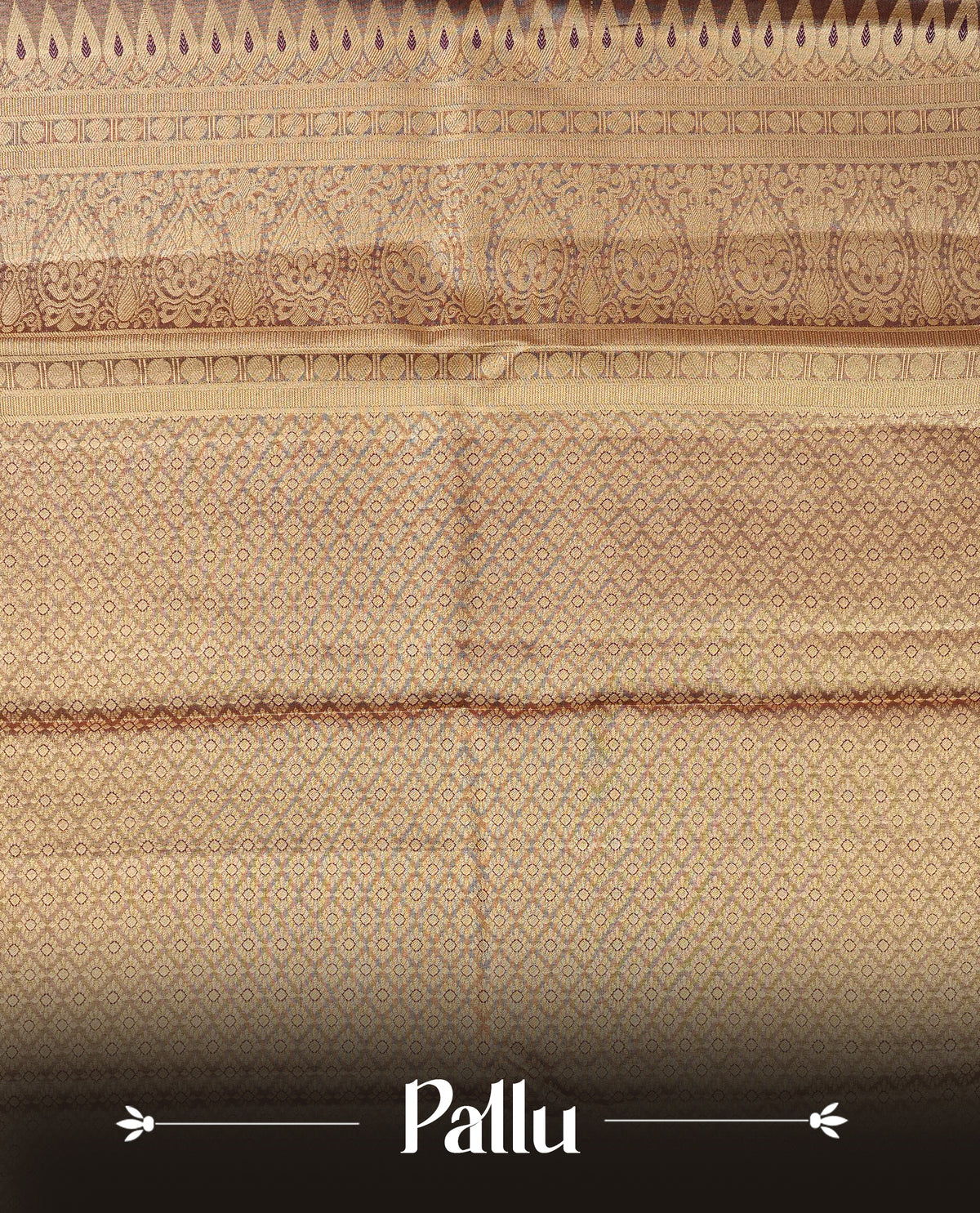 Gold colour Semi Tissue Silk Saree featuring gold zari checks with peacock motifs on the body, complemented by an intricately woven gold zari pallu, a rich Purple border with gold zari work and paired with a matching plain blouse piece.