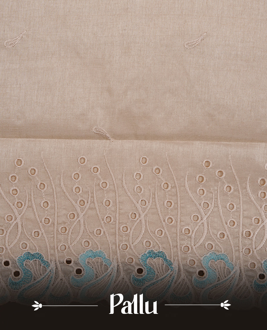 Beige colour Tussar silk saree featuring Elegant plain body, highlighting Blue colour thread worked scalp border, pallu and paired with matching blouse piece.
