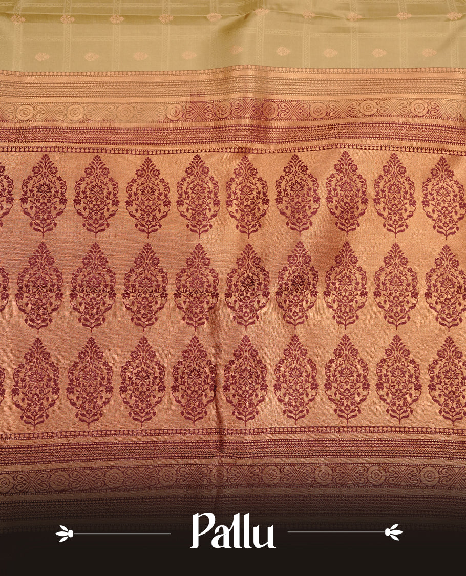 Spanish olive colour traditional kancheepuram silk saree featuring gold zari check pattern on body, complemented by contrast Maroon & magenta colour with gold zari traditional border, paired with matching blouse piece.