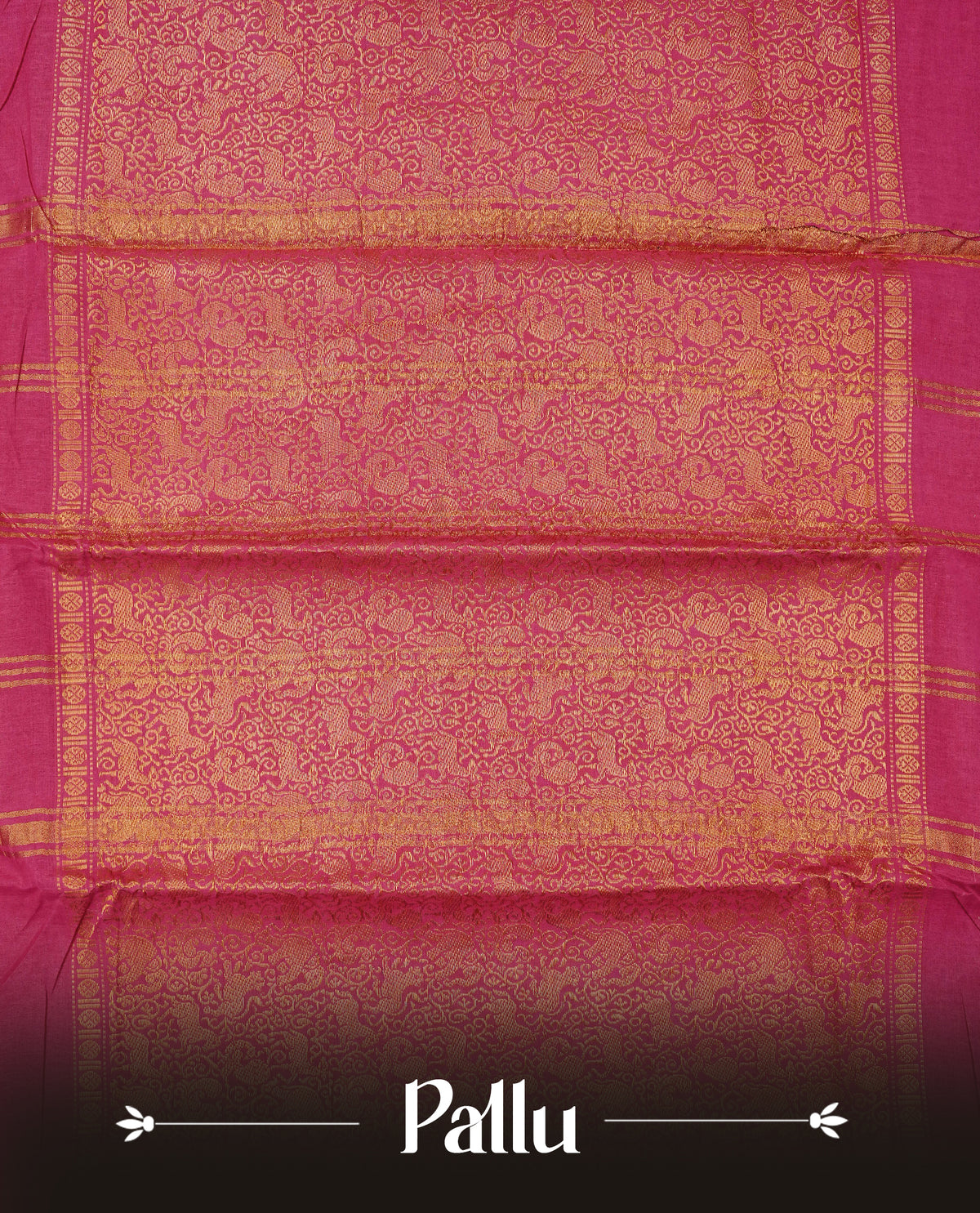 Magenta Colour Sungudi Cotton Saree with gold zari elephant & Peacock motifs on the body, a self zari border, and a rich gold zari pallu. Paired with a Contrast Navy Blue colour blouse Piece featuring a gold zari border.