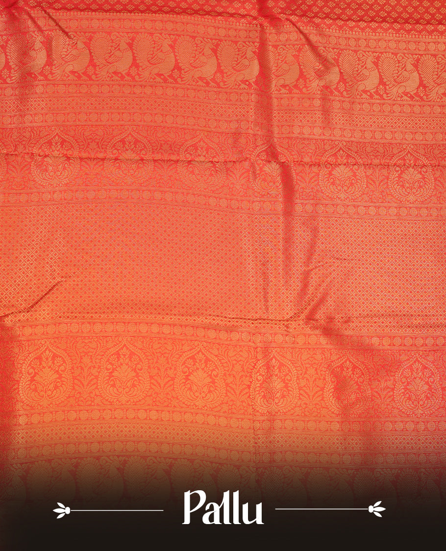 Red colour semi soft silk saree featuring gold zari motifs on across body, self colour border with traditional gold zari pattern, pallu and paired with matching blouse.