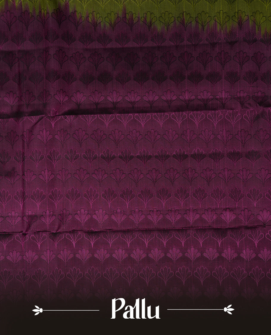 Olive green colour soft silk saree featuring Antique zari geometric motifs on the body, complemented by a contrast Purple zari border and pallu, paired with a matching blouse piece.