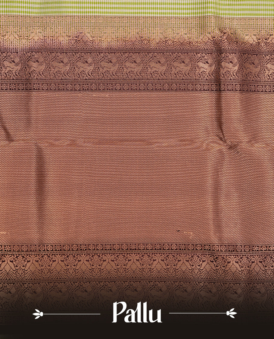 Yellow & green colour traditional kancheepuram silk saree featuring check pattern on body, complemented by contrast deep purple colour with gold zari traditional border, paired with matching blouse piece.