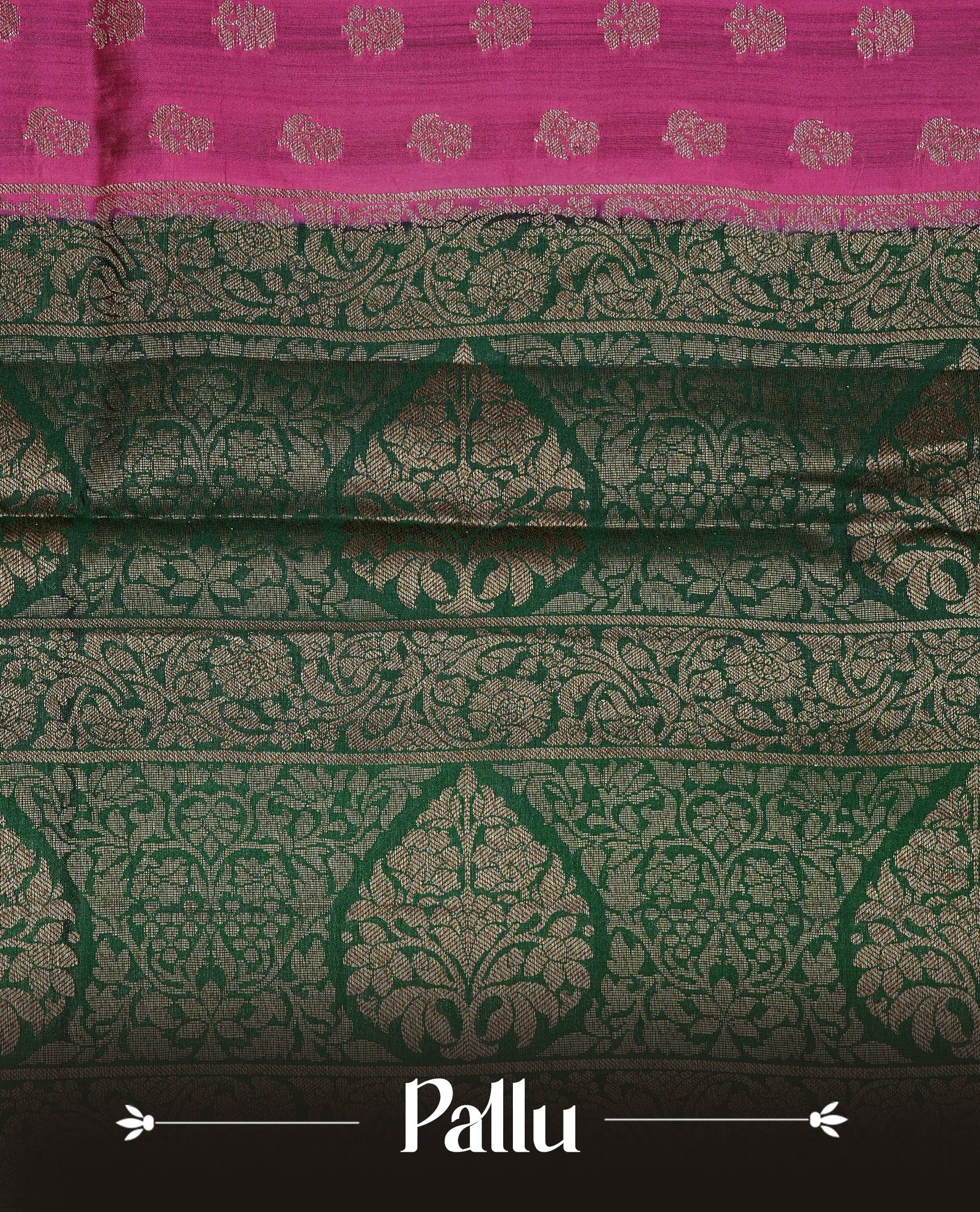 Vibrant pink Colour Tussar silk saree with antique zari buttas On Body, a rich green zari border, an elegant pallu, Paired With a matching blouse piece.