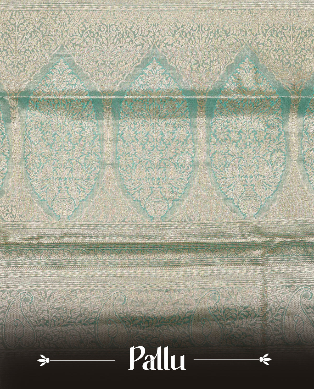 Aqua Blue colour Semi Tissue Silk Saree featuring gold zari floral kodi Works on the body, complemented by an intricately woven gold zari pallu, a rich self-coloured border with gold zari work, and paired with a matching plain blouse piece.