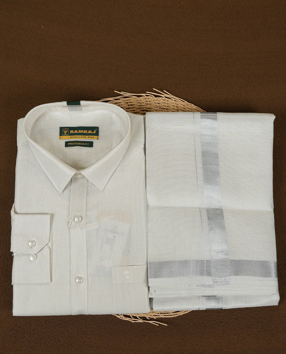 RAMRAJ Silver Colour shirt paired with a matching dhoti, elegantly finished with a gold border.