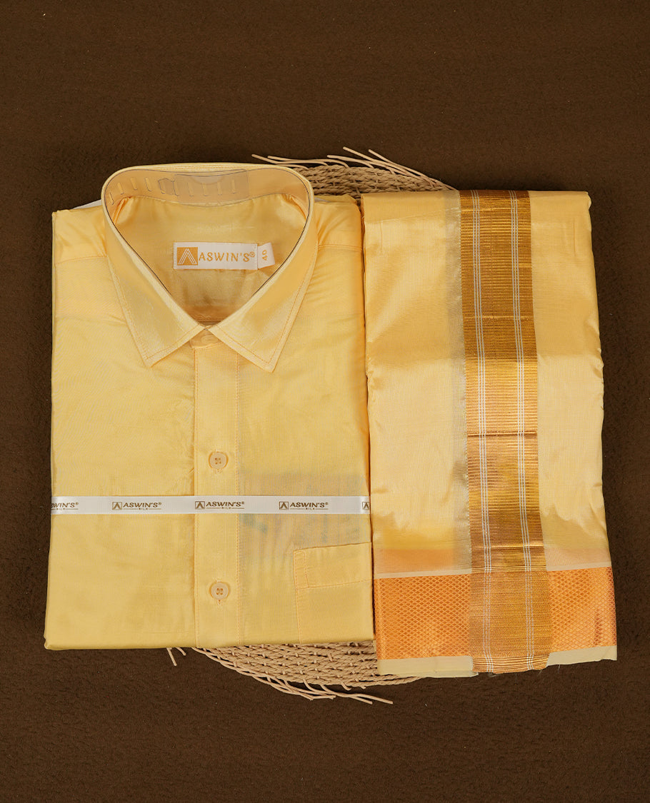 Champ colour Aswin’s wedding set featuring a refined silk shirt and matching dhoti with gold zari detailing, crafted for timeless elegance and perfect for traditional weddings and festive occasions.