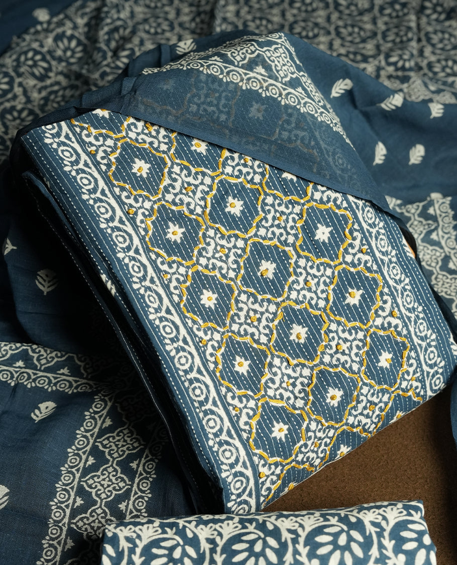 Greyish blue colour cotton churidar material featuring intricate white and mustard thread block prints on the body, complemented by a beautifully printed dupatta and matching printed fabric for the bottom.